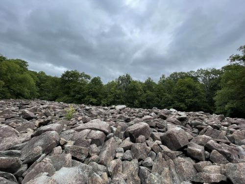 A rocky landscape covered in large boulders, with a backdrop of trees under a cloudy sky.