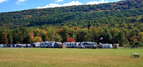 A row of RVs parked in a grassy area with colorful autumn trees and a mountain in the background under a blue sky.