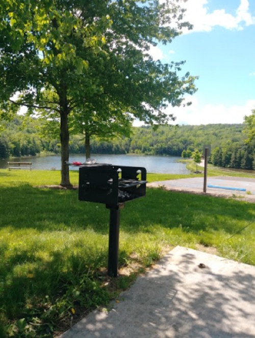 A scenic view of a lake surrounded by trees, with a grill in the foreground and a bench nearby.