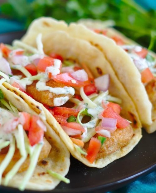 Three tacos filled with shredded cabbage, tomatoes, and a creamy sauce, served on a dark plate with fresh cilantro in the background.
