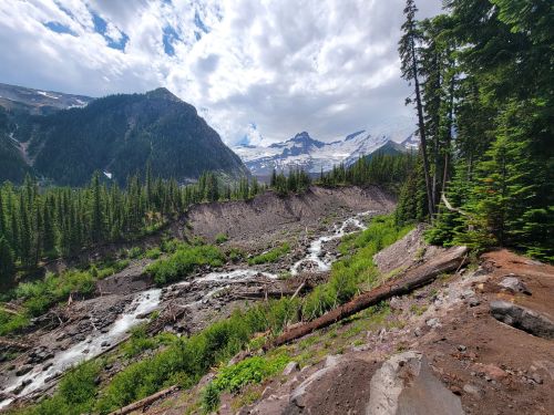 A scenic view of a river flowing through a lush green valley, surrounded by mountains and cloudy skies.