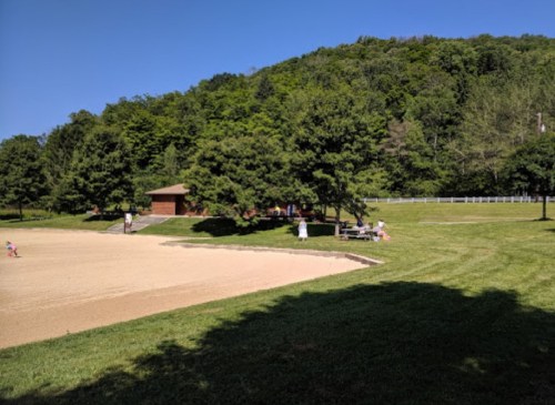 A grassy park with a sandy area, trees, and a building in the background, under a clear blue sky.