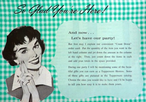 A vintage invitation with a smiling woman, inviting guests to a Tupperware party and explaining the event details.