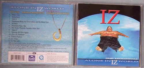 Album cover for "Alone in IZ World" by Israel Kamakawiwoʻole, featuring a photo of him floating in water.