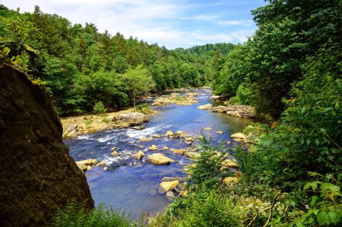 A serene river flows through a lush green landscape, surrounded by trees and rocky banks under a clear blue sky.