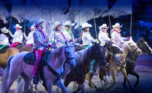 A group of riders in white hats and silver outfits perform on horseback under colorful lights and banners.