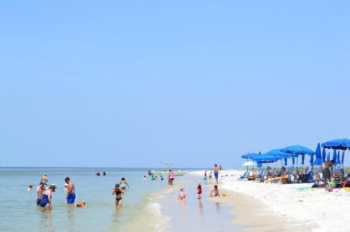 A sunny beach scene with people swimming, playing, and relaxing under blue umbrellas along the shoreline.