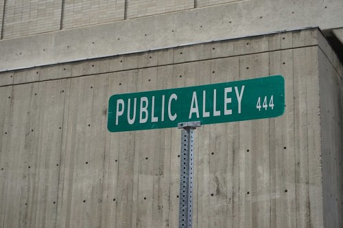 Green street sign reading "PUBLIC ALLEY 444" against a concrete wall.
