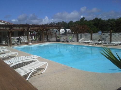 A clear blue swimming pool surrounded by lounge chairs and a wooden pergola, set against a sunny sky.
