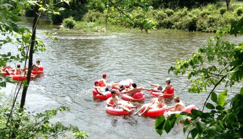 A group of people floating on red inner tubes in a river, surrounded by lush greenery and trees.