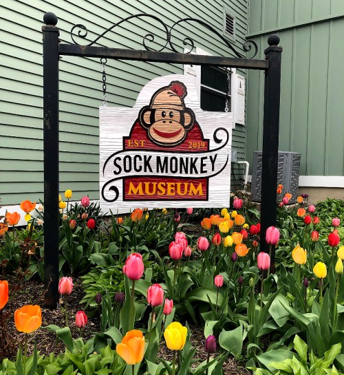 Sign for the Sock Monkey Museum, established 2019, surrounded by colorful tulips in a garden.