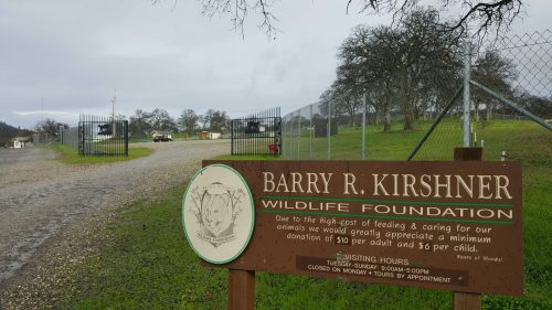 Sign for Barry R. Kirshner Wildlife Foundation, highlighting donation details and visiting hours. Fenced area in background.