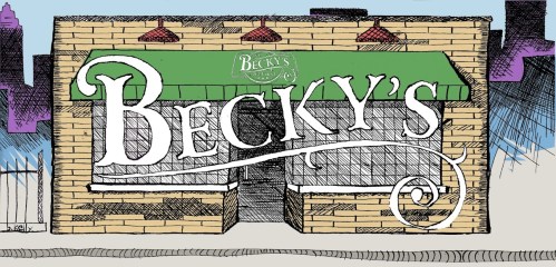 Illustration of a restaurant facade with the name "Becky's" prominently displayed on a green awning.