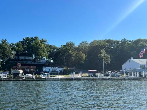 A lakeside view featuring docks, boats, and a building with an American flag, surrounded by trees under a clear blue sky.
