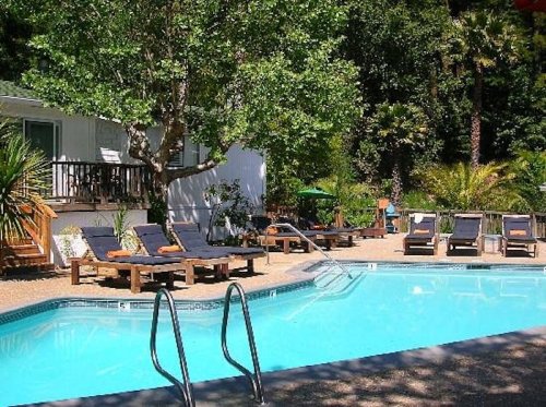 A serene pool area with lounge chairs, surrounded by greenery and a house in the background.
