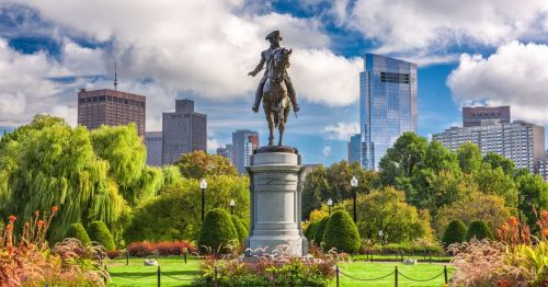 the statue in the middle of Boston Public Garden on a sunny day