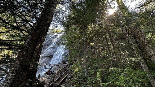 A serene waterfall surrounded by lush green trees, with people exploring the area and sunlight filtering through the leaves.