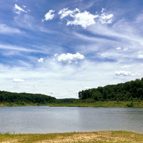 A serene lake surrounded by lush greenery under a bright blue sky with scattered clouds.