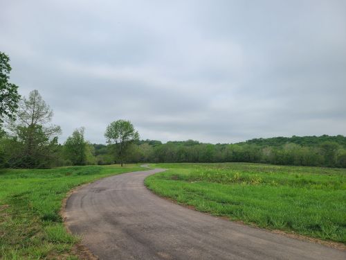 A winding path through a green landscape under a cloudy sky, surrounded by trees and open fields.
