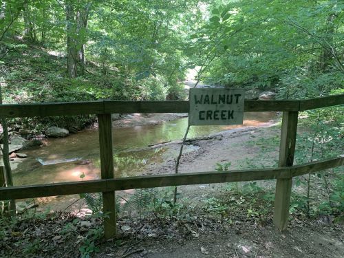 A wooden fence with a sign reading "Walnut Creek" beside a serene, wooded creek surrounded by lush greenery.
