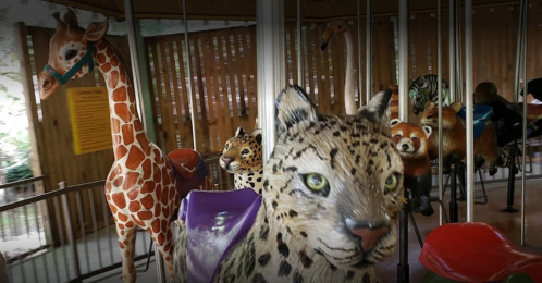 A carousel featuring animal figures, including a leopard, giraffe, and other wildlife, in a wooden setting.