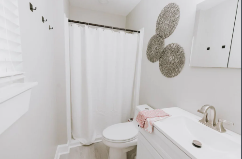 A clean bathroom featuring a white shower curtain, toilet, sink, and decorative wall hangings.