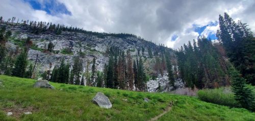 A rocky cliff rises above a green meadow, surrounded by tall trees under a cloudy sky.