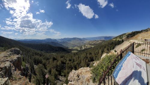 Panoramic view of a mountainous landscape with trees, valleys, and a blue sky dotted with clouds. A sign is in the foreground.