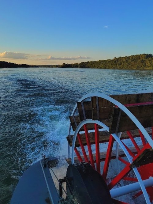 View from a boat showing a paddle wheel against a backdrop of water and trees under a clear blue sky.