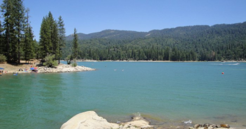 A serene lake surrounded by green trees and mountains under a clear blue sky.
