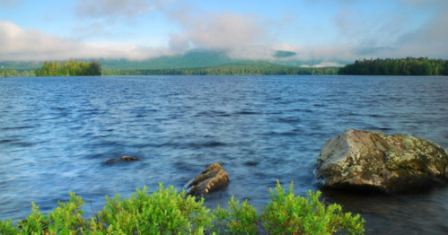 A serene lake surrounded by lush greenery and misty mountains under a clear blue sky.