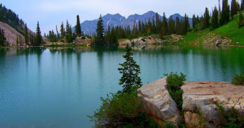 A serene lake surrounded by pine trees and mountains, reflecting the calm water under a cloudy sky.