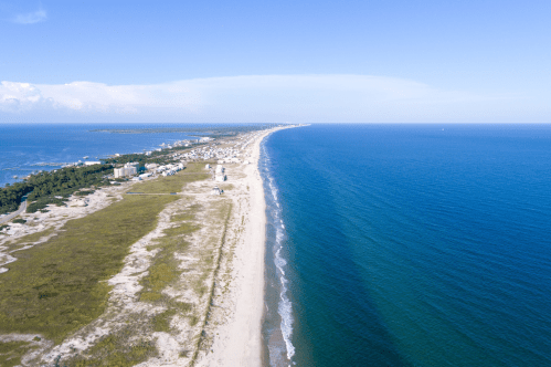 Aerial views of Fort Morgan Beach along the Gulf of Mexico in Alabama