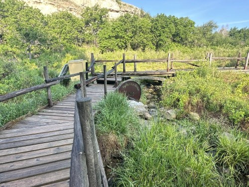 A wooden bridge over a stream, surrounded by lush greenery and trees in a natural setting.