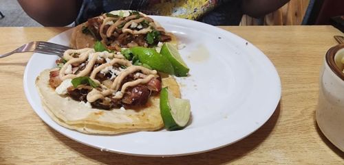 Two tacos on a plate, topped with meat, sauce, cilantro, and lime wedges, with a fork beside them.