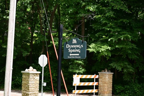 Sign for Dunning's Spring, surrounded by lush green trees, with a stop sign and construction barriers nearby.