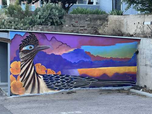 A colorful mural of a roadrunner against a vibrant sunset backdrop, with orange flowers in the foreground.