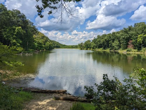 A serene lake surrounded by lush greenery and trees, with fluffy clouds reflecting in the calm water.