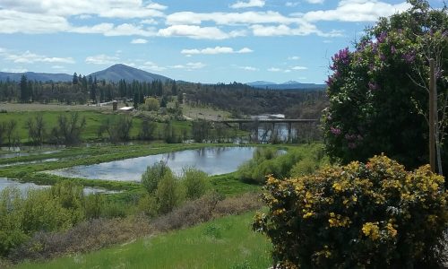 A scenic landscape featuring a river, lush greenery, distant mountains, and a bright blue sky with fluffy clouds.