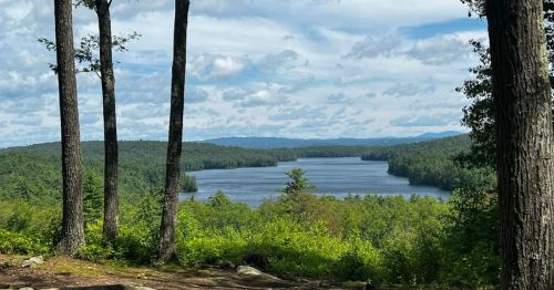 A serene lake surrounded by lush greenery and trees, under a partly cloudy sky.