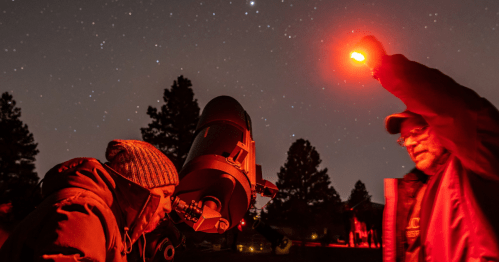 Two people observe the night sky with a telescope, one holding a red flashlight, surrounded by trees and stars.