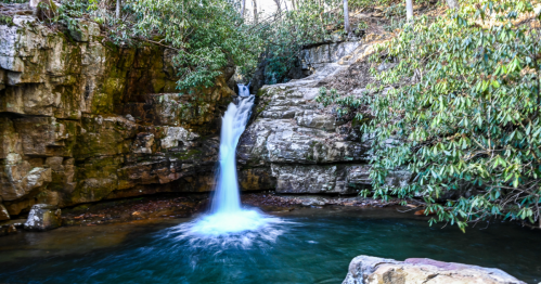 A serene waterfall cascades over rocky cliffs into a tranquil pool, surrounded by lush greenery.