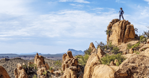 A person stands on a rocky outcrop, overlooking a vast desert landscape under a blue sky with scattered clouds.