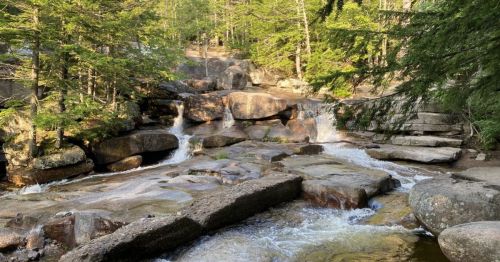 A serene stream flows over large rocks, surrounded by lush green trees in a peaceful natural setting.