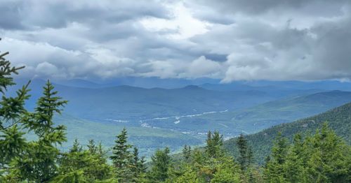 A panoramic view of mountains under a cloudy sky, with lush green trees in the foreground and valleys in the distance.