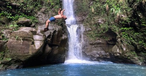 A person jumps off a rock into a blue pool beneath a waterfall surrounded by lush greenery.