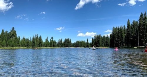 A serene lake surrounded by lush green trees under a clear blue sky, with people kayaking in the distance.