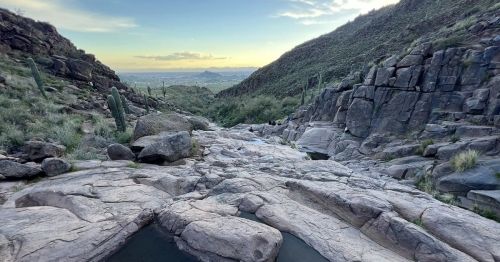 A rocky landscape with a dry riverbed, surrounded by hills and cacti, under a clear sky at sunset.