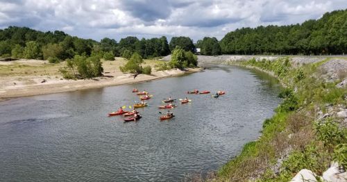 A group of kayakers paddles on a calm river surrounded by greenery and cloudy skies.