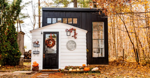A cozy tiny house with a black and white exterior, surrounded by autumn leaves and pumpkins.